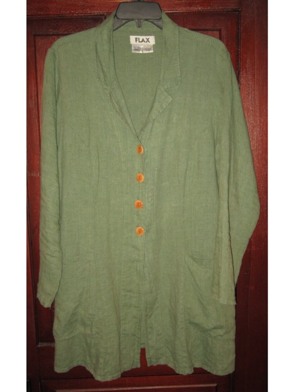 FLAX Size S 100% Linen Duster Jacket Coat Sage Green Pockets Topper Button Flare